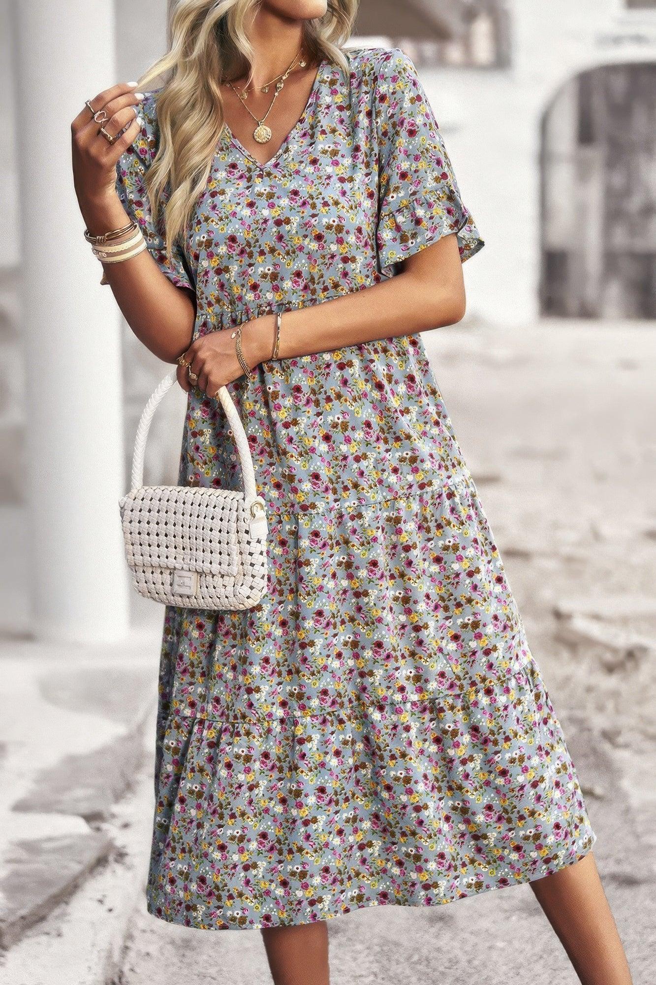 Boho Floral Ruffle Hem V Neck Short Sleeve Dress - minbolu -