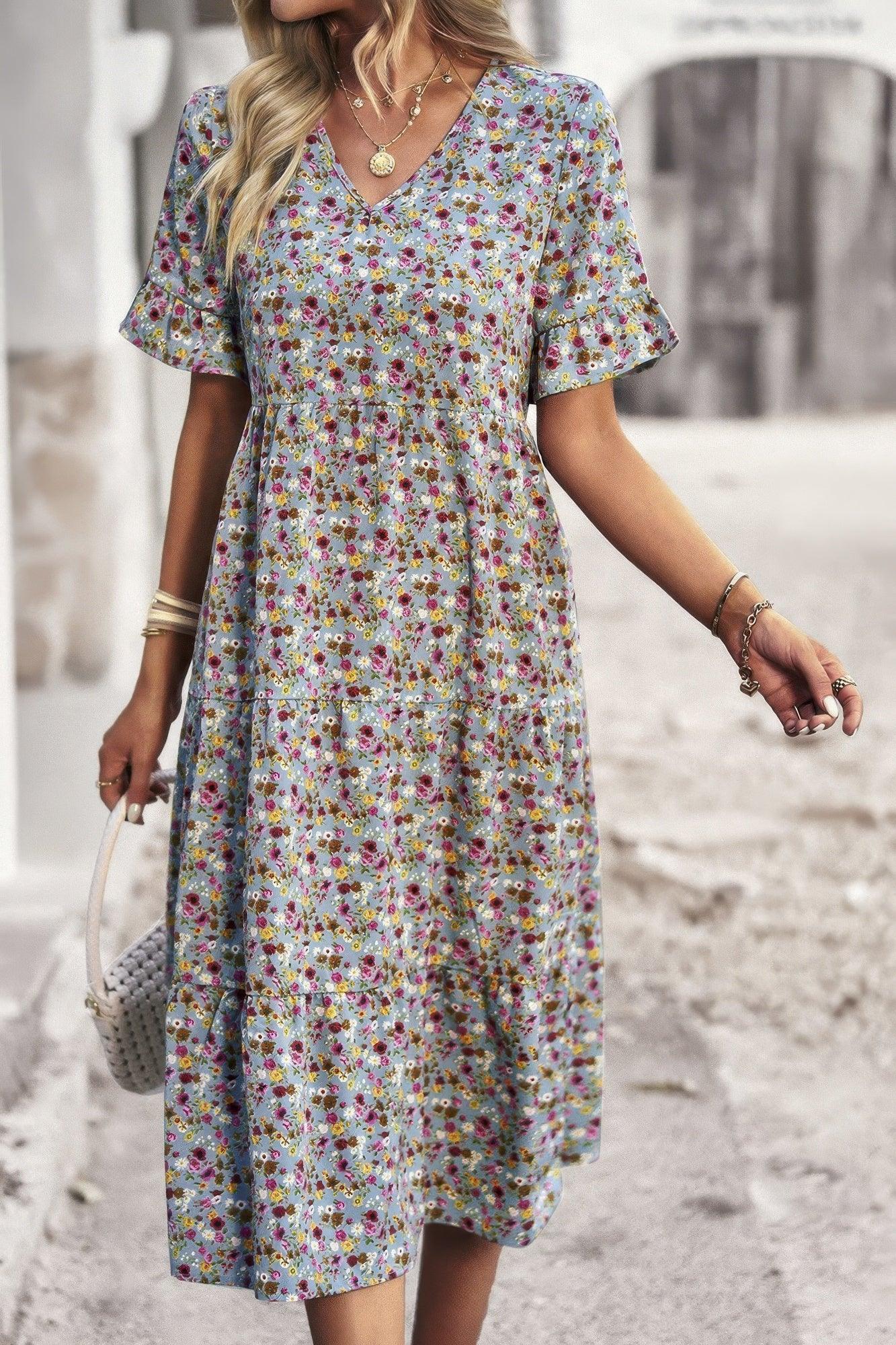 Boho Floral Ruffle Hem V Neck Short Sleeve Dress - minbolu -
