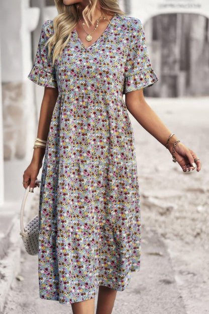Boho Floral Ruffle Hem V Neck Short Sleeve Dress - minbolu -