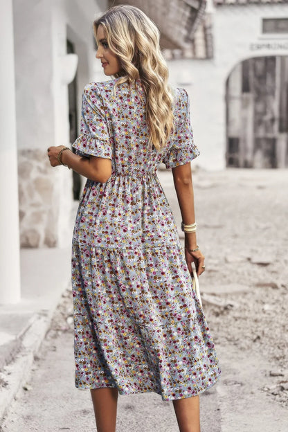 Boho Floral Ruffle Hem V Neck Short Sleeve Dress - minbolu -