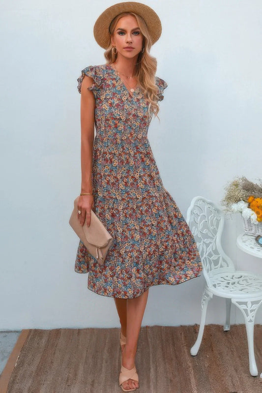 Boho Floral V Neck Ruffle Sleeve A Line Midi Dress - minbolu -