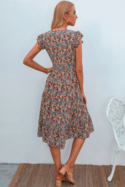 Boho Floral V Neck Ruffle Sleeve A Line Midi Dress - minbolu -