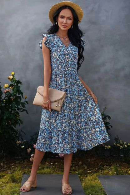 Boho Floral V Neck Ruffle Sleeve A Line Midi Dress - minbolu -