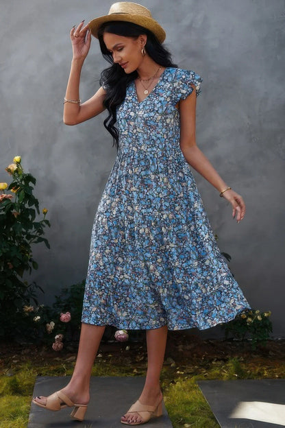 Boho Floral V Neck Ruffle Sleeve A Line Midi Dress - minbolu -