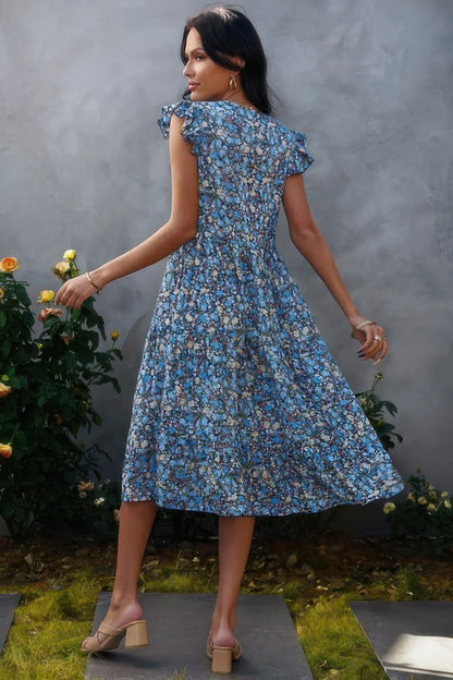 Boho Floral V Neck Ruffle Sleeve A Line Midi Dress - minbolu -