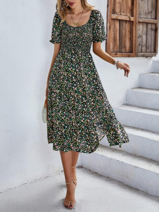 Bohemia Floral Puff Sleeve Flounce Sleeve Dress - minbolu -