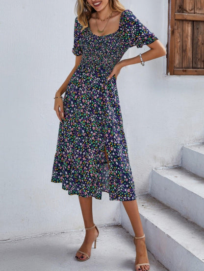 Bohemia Floral Puff Sleeve Flounce Sleeve Dress - minbolu -