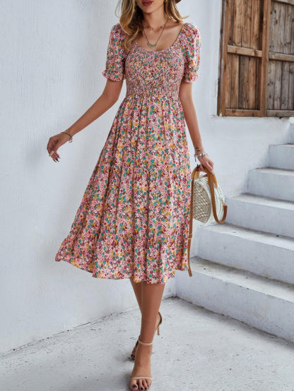 Bohemia Floral Puff Sleeve Flounce Sleeve Dress - minbolu -