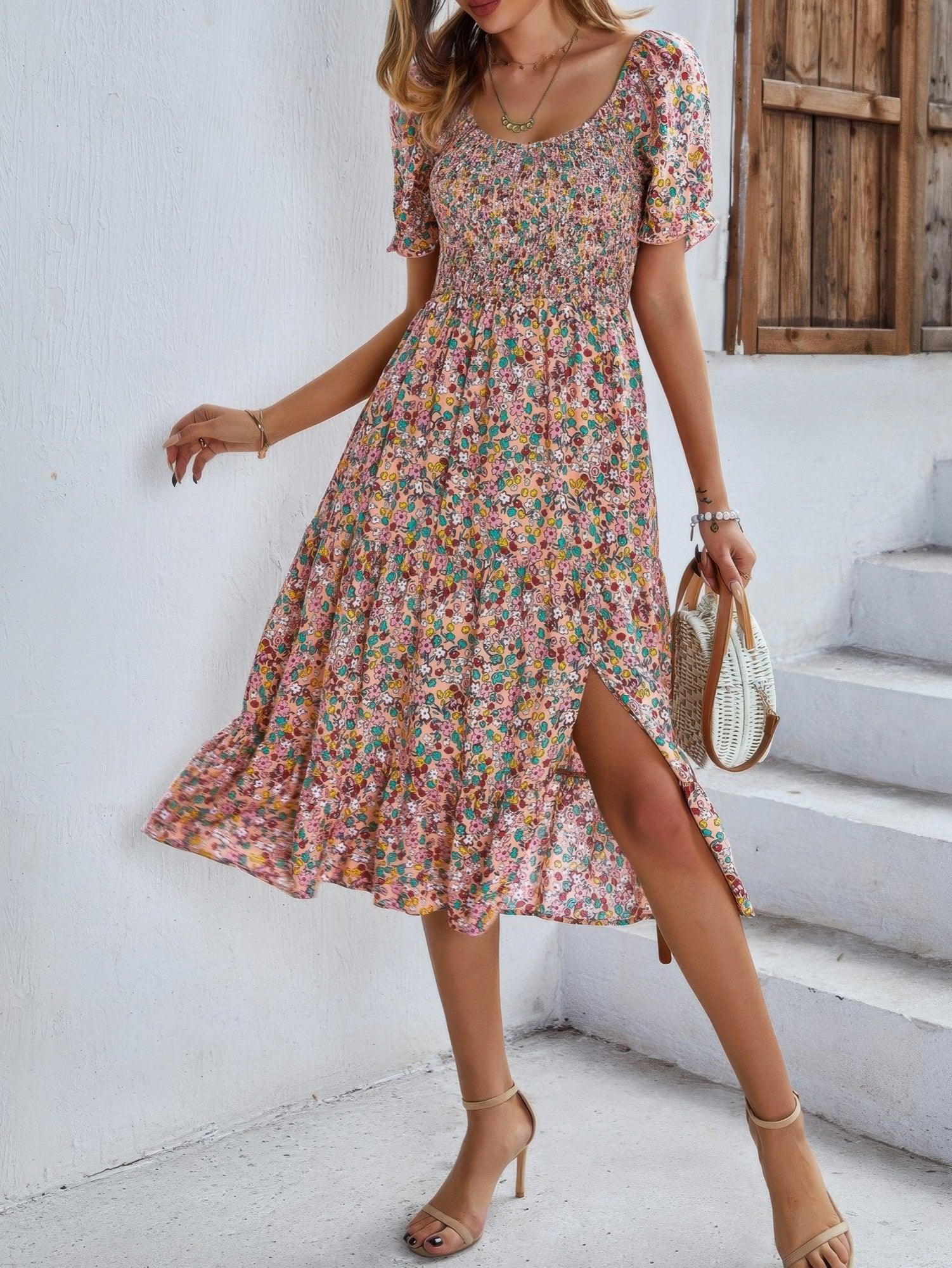 Bohemia Floral Puff Sleeve Flounce Sleeve Dress - minbolu -