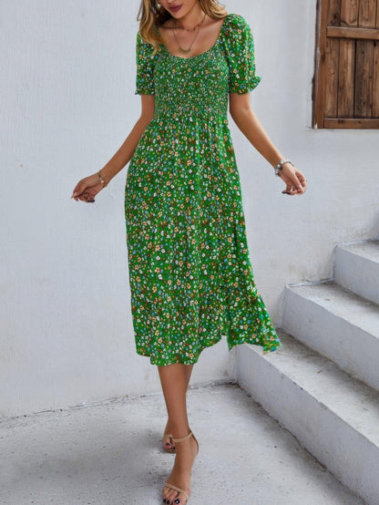 Bohemia Floral Puff Sleeve Flounce Sleeve Dress - minbolu -