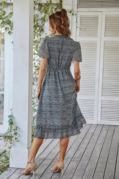 Deep V Neck Floral Boho Ruffle Short Sleeve Dress - minbolu -