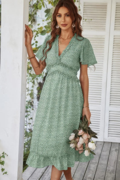 Deep V Neck Floral Boho Ruffle Short Sleeve Dress - minbolu -