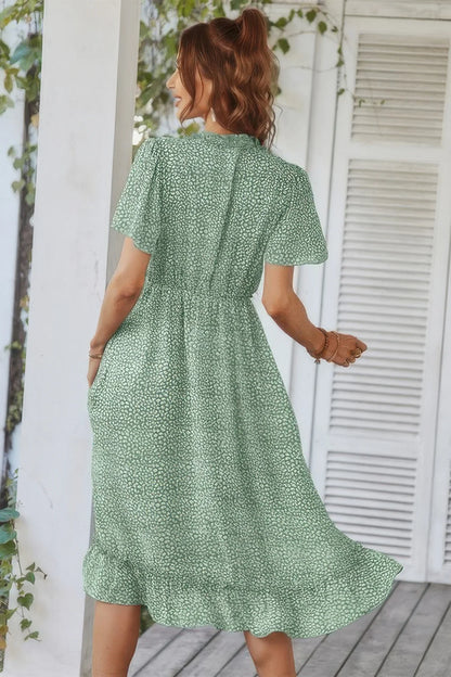 Deep V Neck Floral Boho Ruffle Short Sleeve Dress - minbolu -