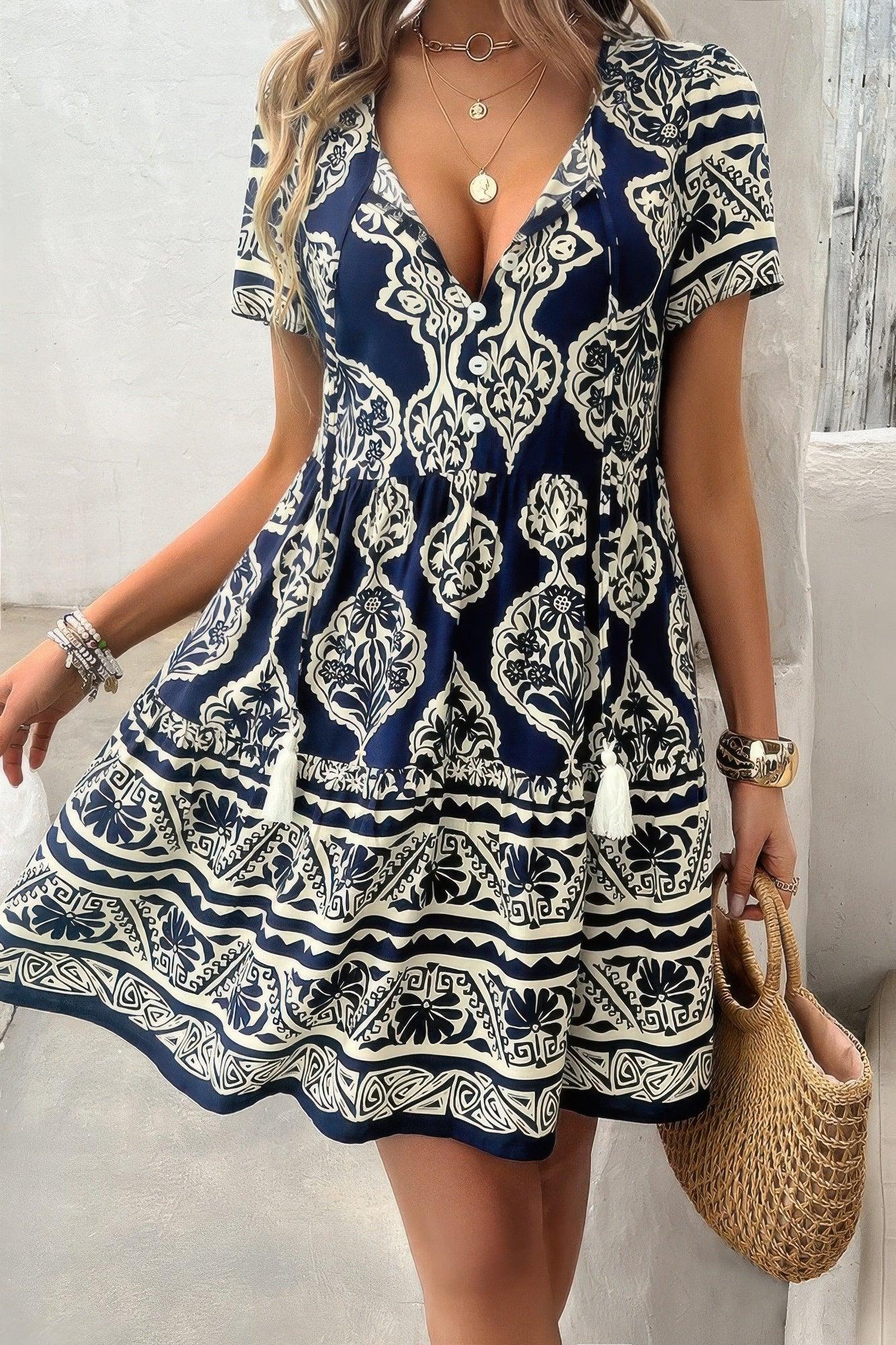 Deep V Neck Allover Print Ruffle Tassel Dress - minbolu -