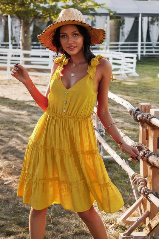 Sleeveless Button Ruffle Dress Swing Pleated Dress - minbolu -