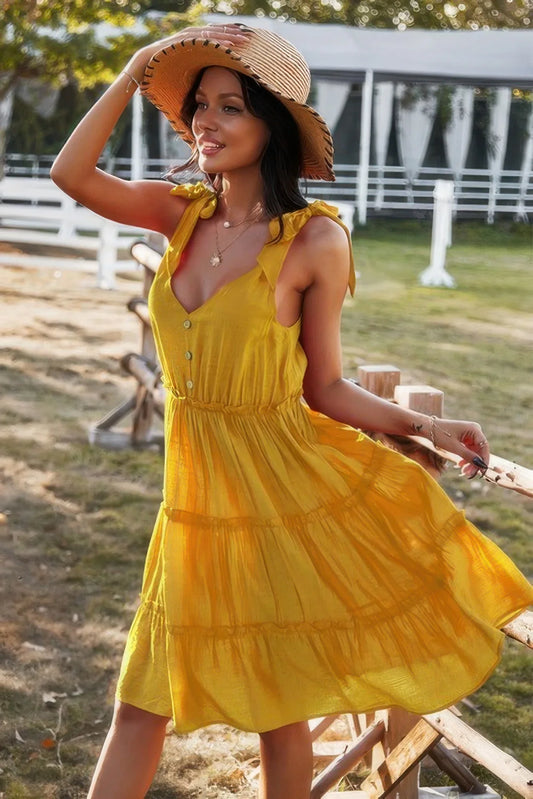 Sleeveless Button Ruffle Dress Swing Pleated Dress - minbolu -