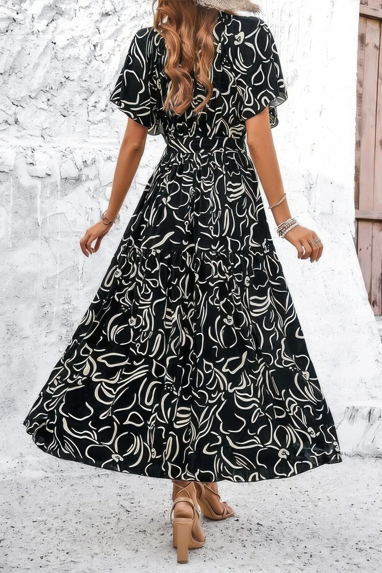 Allover Print V Neck Fit Belt A Line Long Dress: Black - minbolu -
