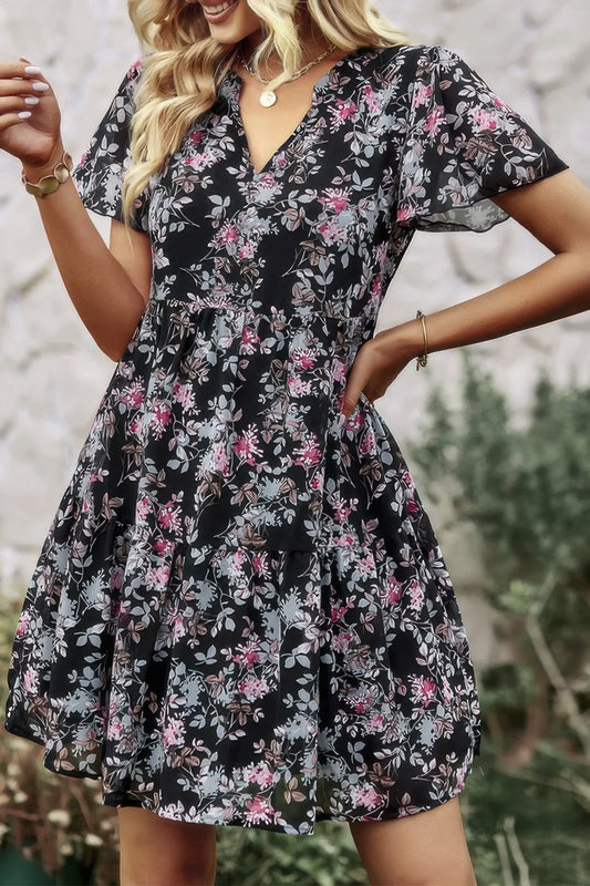 V Neck Bohemian Floral Print A Line Fit Dress - minbolu -