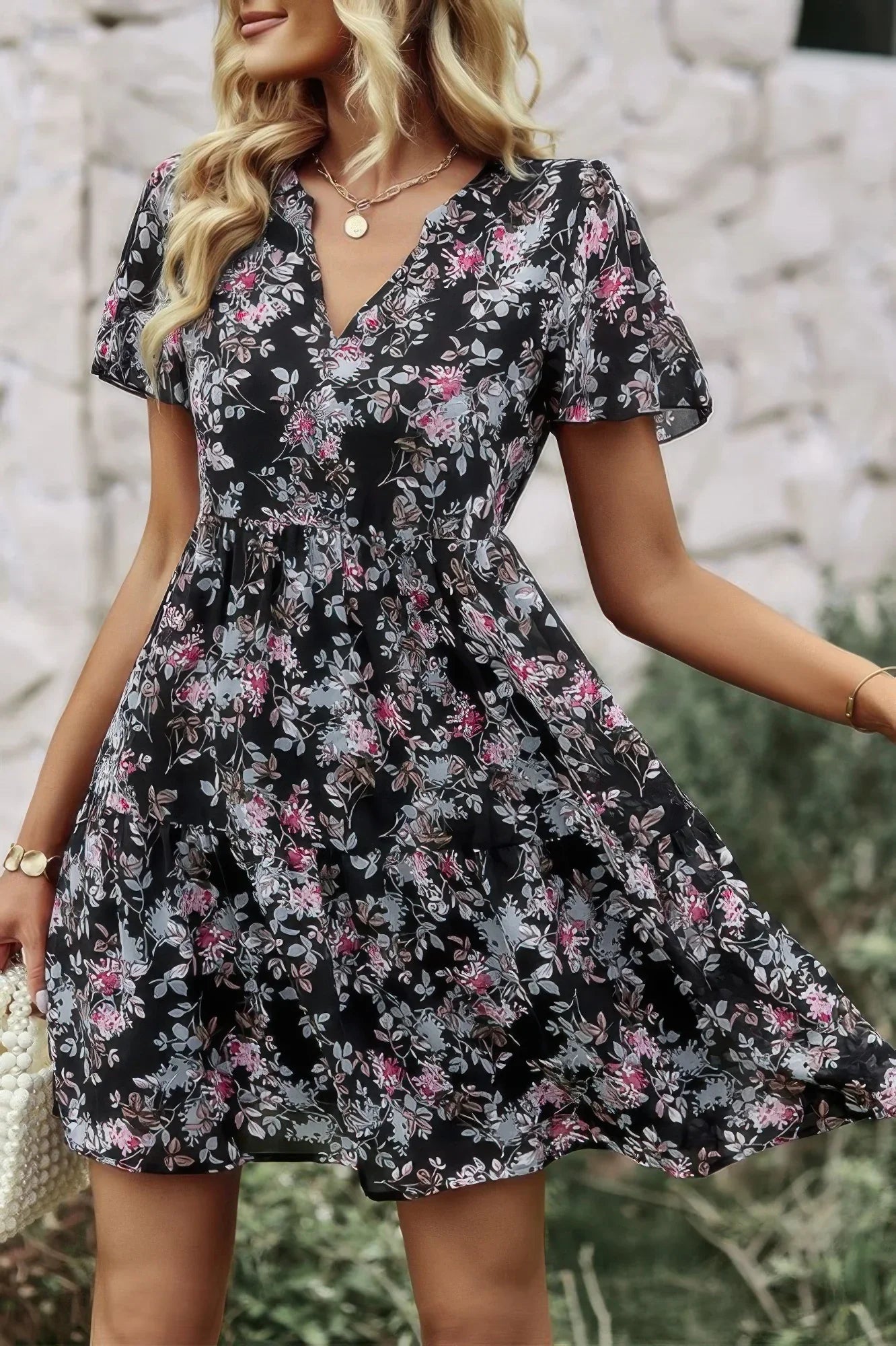 V Neck Bohemian Floral Print A Line Fit Dress - minbolu -