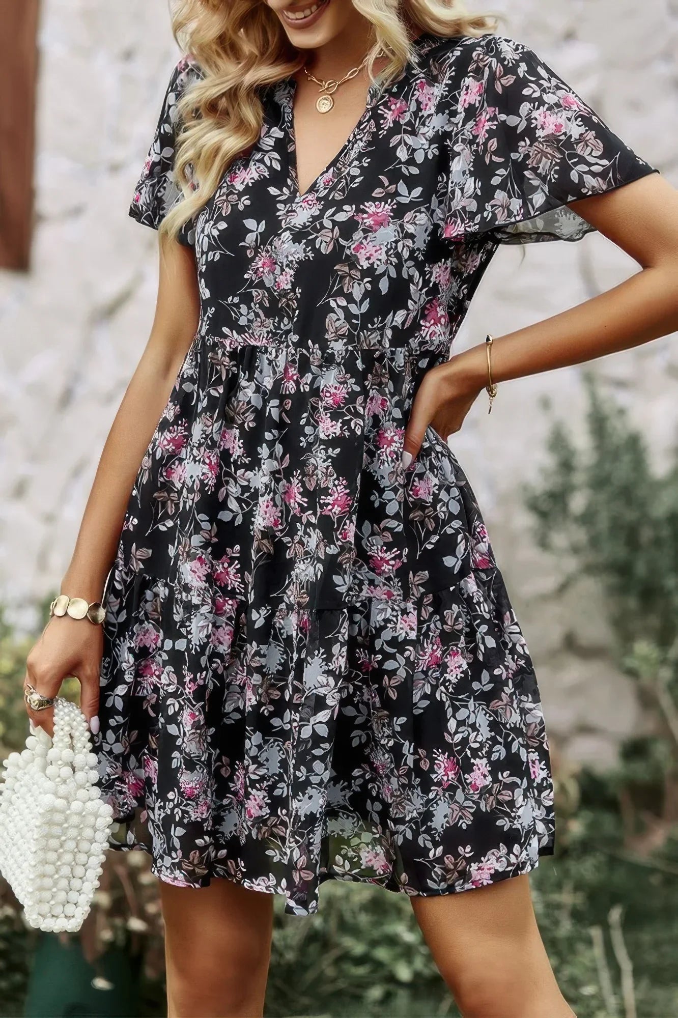 V Neck Bohemian Floral Print A Line Fit Dress - minbolu -