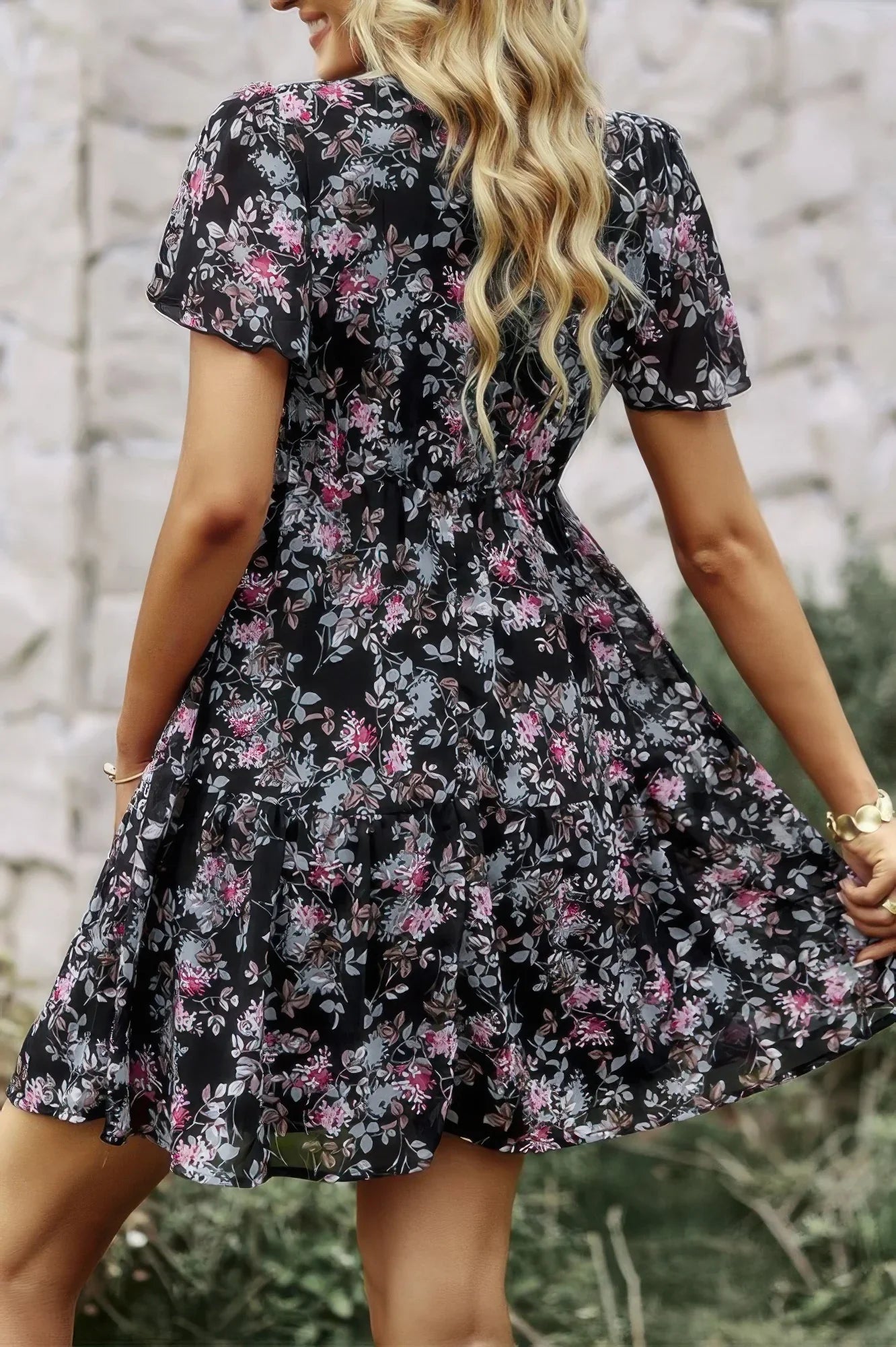 V Neck Bohemian Floral Print A Line Fit Dress - minbolu -