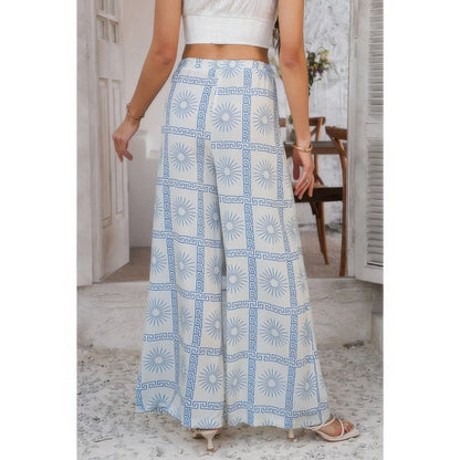 Allover Print Drawstring Pockets Wide Leg Pants: Light Blue - minbolu -