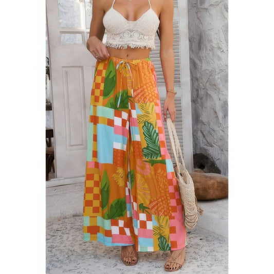 Allover Print Drawstring Pockets Wide Leg Pants: Orange - minbolu -
