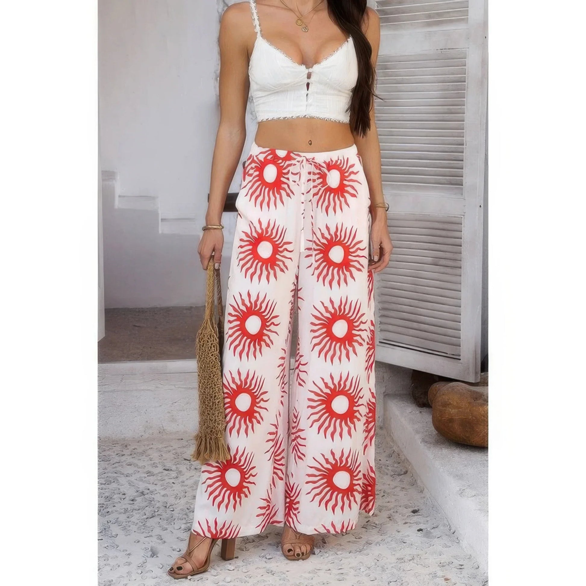 Allover Print Drawstring Pockets Wide Leg Pants: White/Red - minbolu -