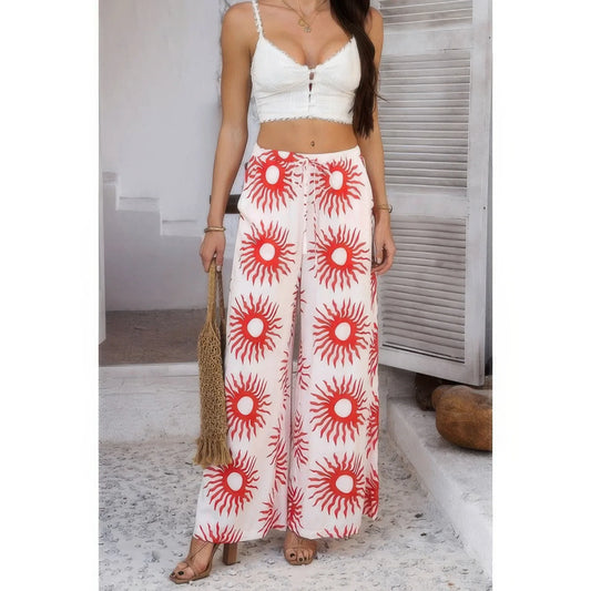 Allover Print Drawstring Pockets Wide Leg Pants: White/Red - minbolu -