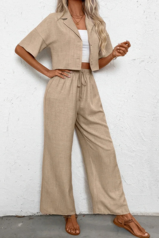 Drop Shoulder Tie Front Wide Leg Pant Set - minbolu -