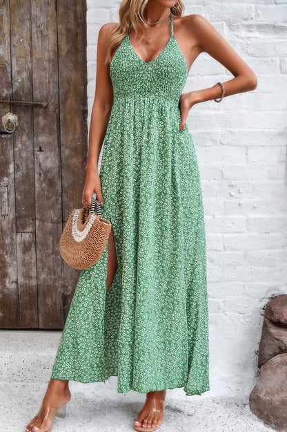 Floral Boho Tie Sleeveless High Waist Maxi Dress - minbolu -