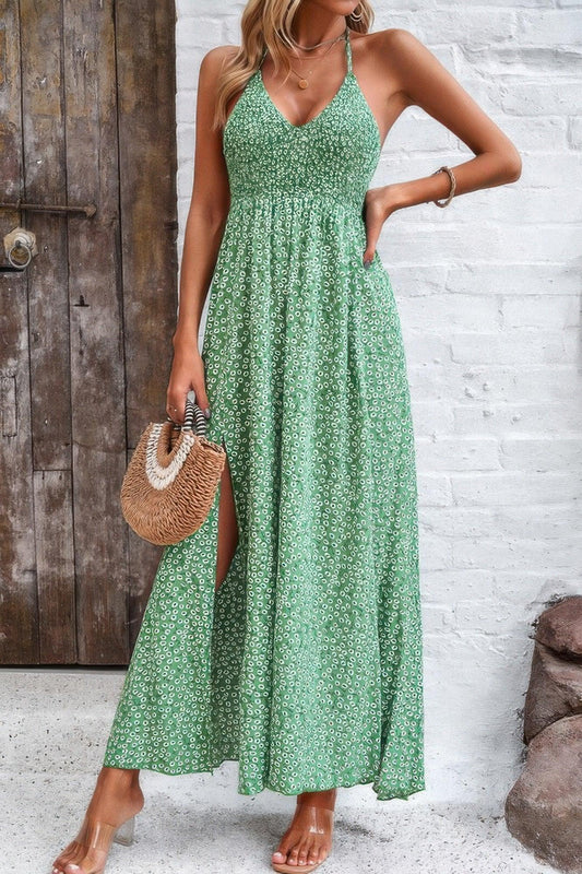 Floral Boho Tie Sleeveless High Waist Maxi Dress - minbolu -