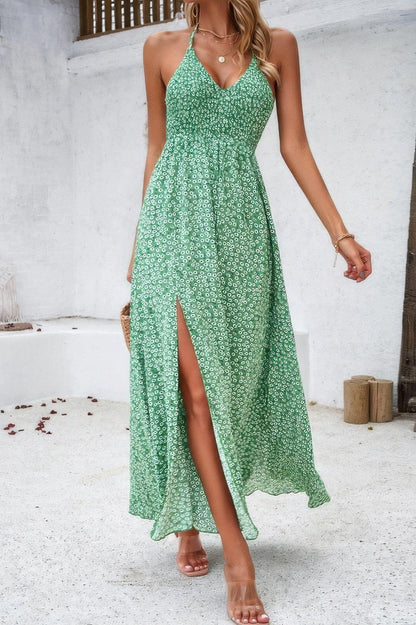 Floral Boho Tie Sleeveless High Waist Maxi Dress - minbolu -