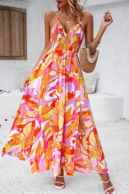 Floral Boho Tie Sleeveless High Waist Maxi Dress - minbolu -