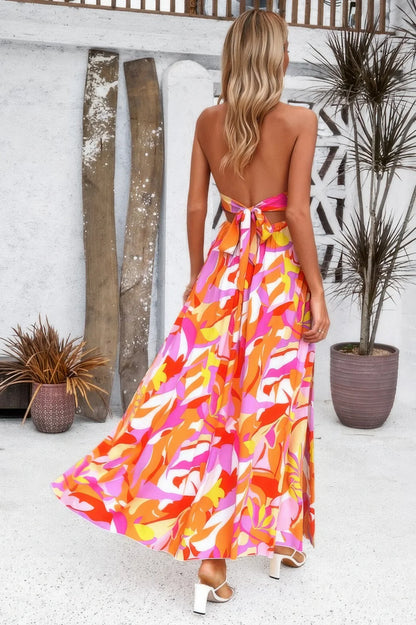 Floral Boho Tie Sleeveless High Waist Maxi Dress - minbolu -