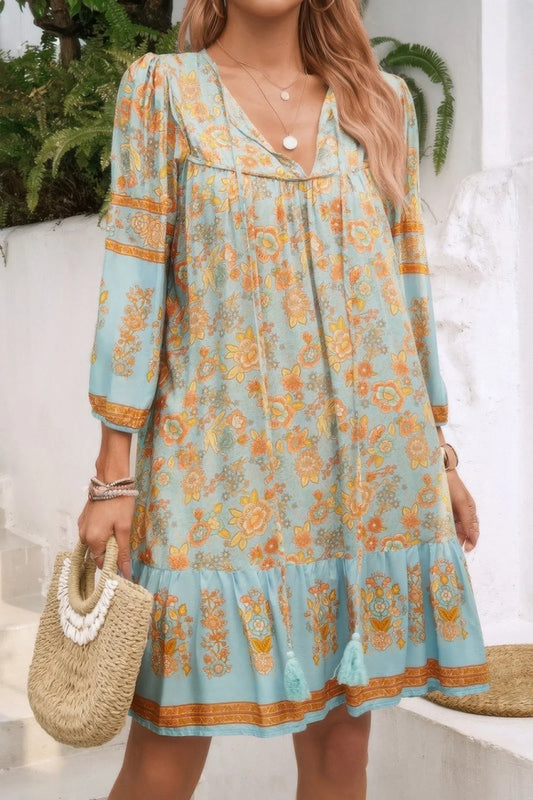 Ruched Bohemian Ruffle Hem Tassel Dress - minbolu -