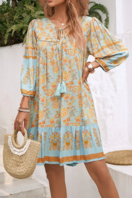 Ruched Bohemian Ruffle Hem Tassel Dress - minbolu -