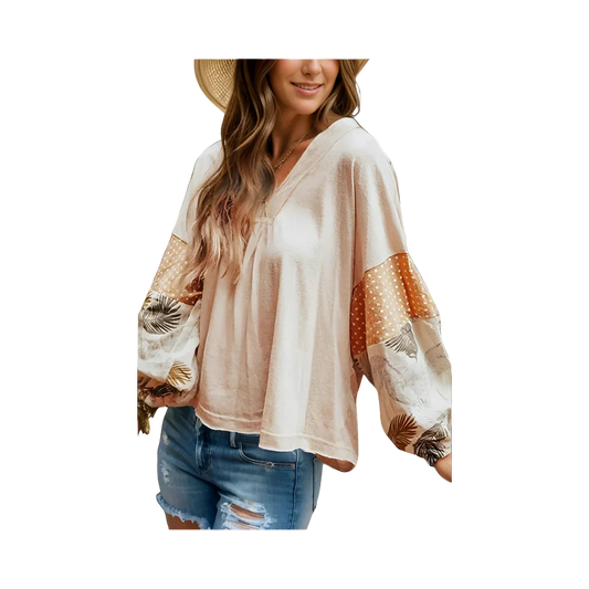 Floral Print Long Sleeve V-Neck Blouse - minbolu -