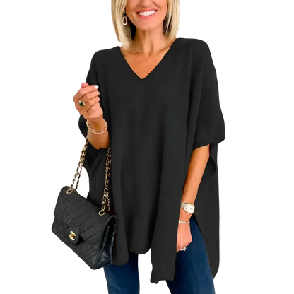 Slit V-Neck Half Sleeve Knit Top - minbolu -