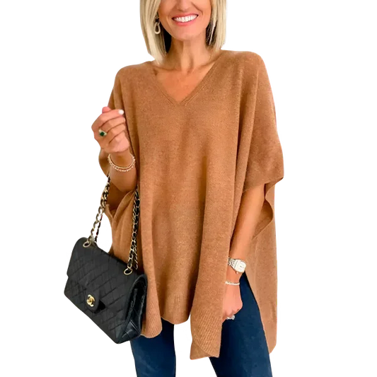 Slit V-Neck Half Sleeve Knit Top - minbolu -