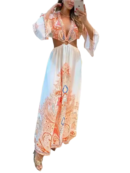 minbolu Paisley Cut-Out Maxi Dress in Sherbert - minbolu -
