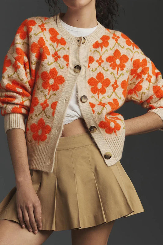 Orange Floral Button Round Neck Knit Cardigan - minbolu -