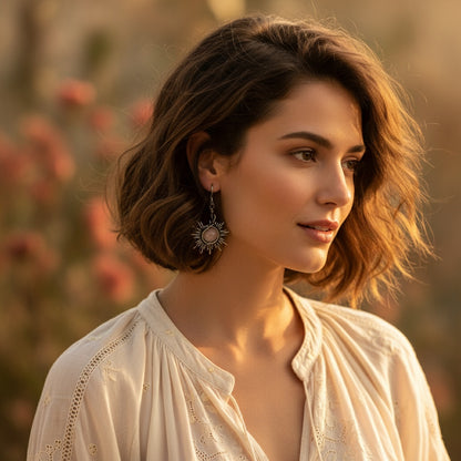 Woman with short hair wearing Sun Earring from the Sun and Moon Earring Set- AI Generated