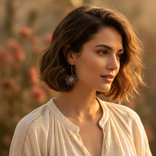 Woman with short hair wearing Sun Earring from the Sun and Moon Earring Set- AI Generated
