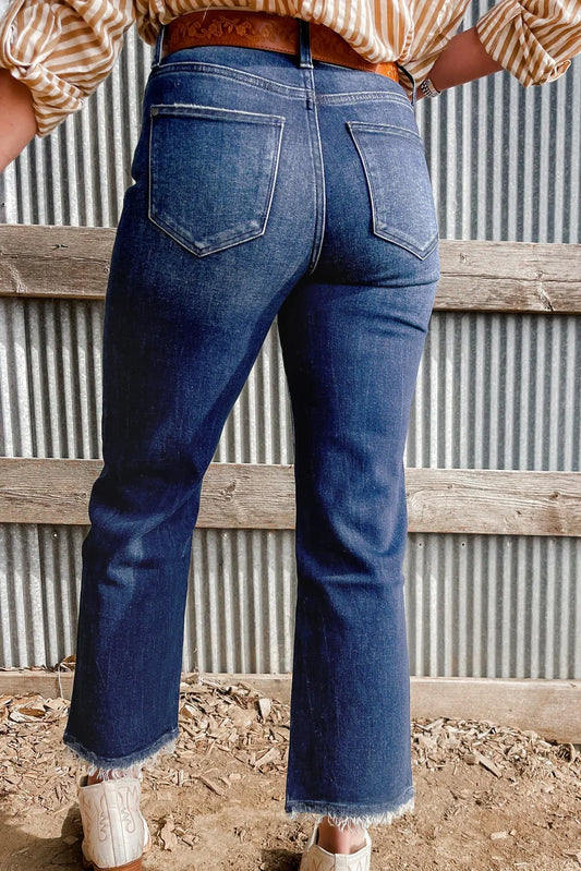 Sail Blue Mineral Wash Raw Hem High Waist Flared Jeans - minbolu -