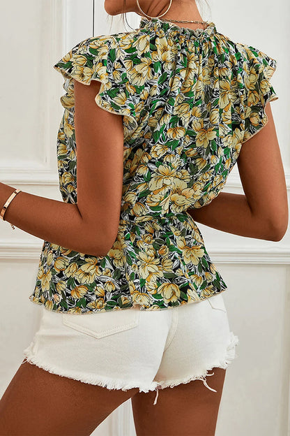 Floral Mock Neck Flutter Sleeve Peplum Top - minbolu -