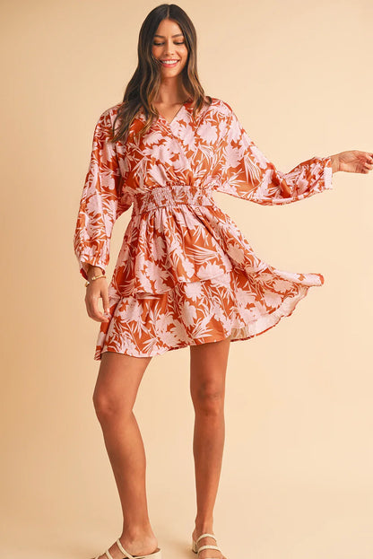 Brown Floral Puff Sleeve Shirred Waist Layered Dress - minbolu -