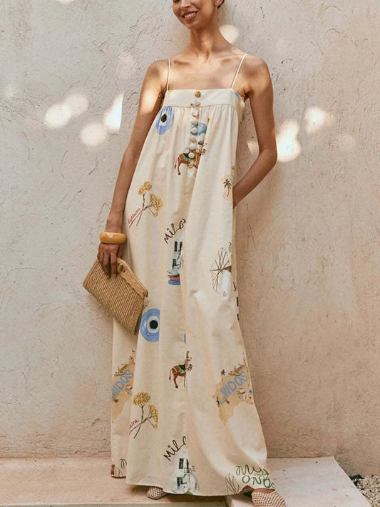 Women's Maxi Dress - Bohemian Print Cami with Pockets Long Dress - minbolu -