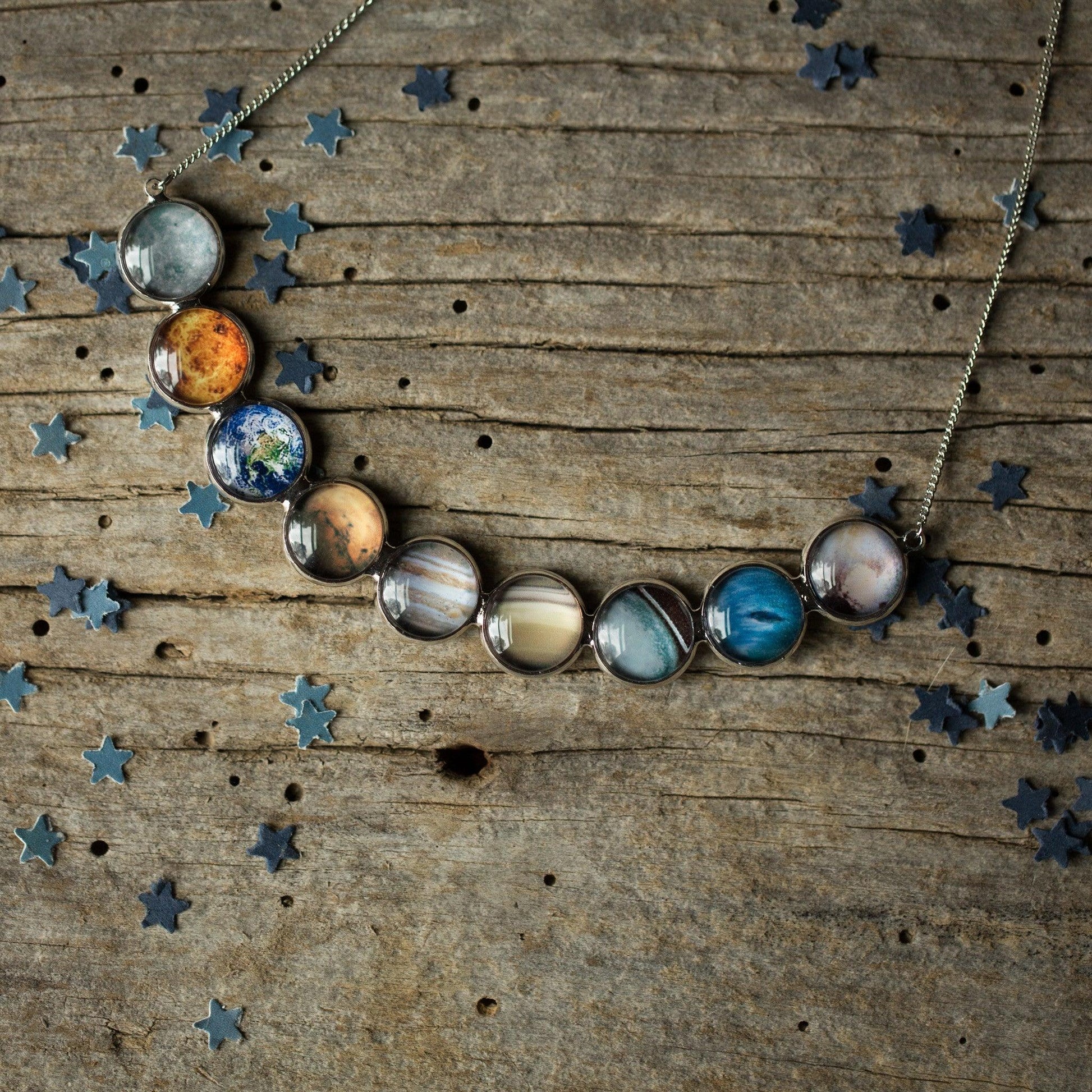 Curved Solar System Necklace in Silver - minbolu -