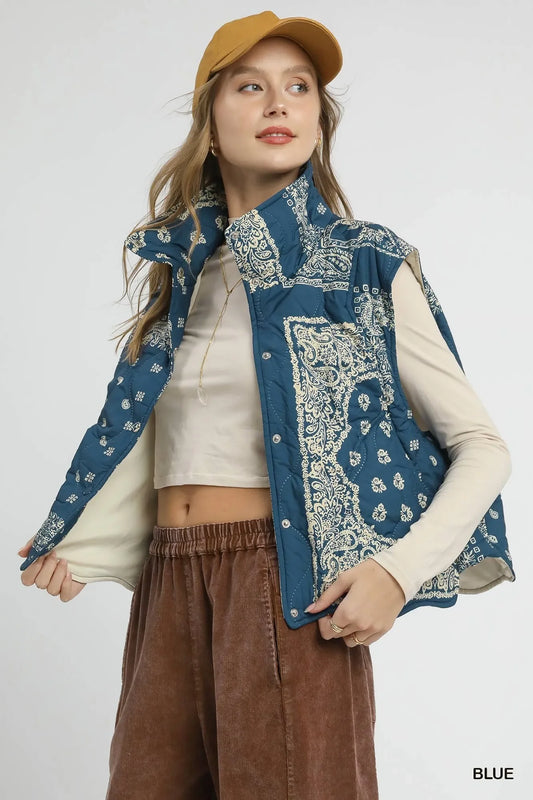 Umgee Bandana Print Quilted Puffer Vest - minbolu -